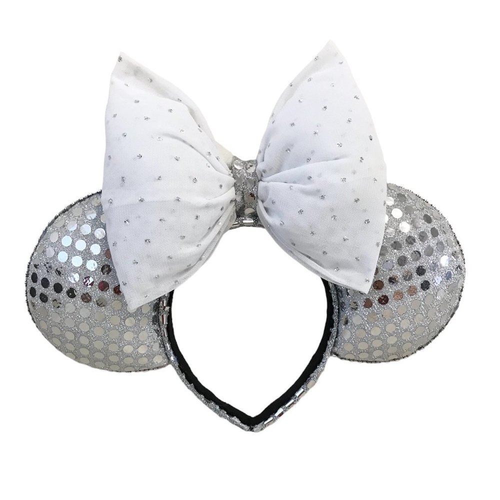 Brand New Handmade Mouse Ears Silver Sequins Headband with a White Bow